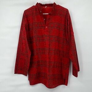 Cotton flower 100% cotton red pattern long sleeve tunic